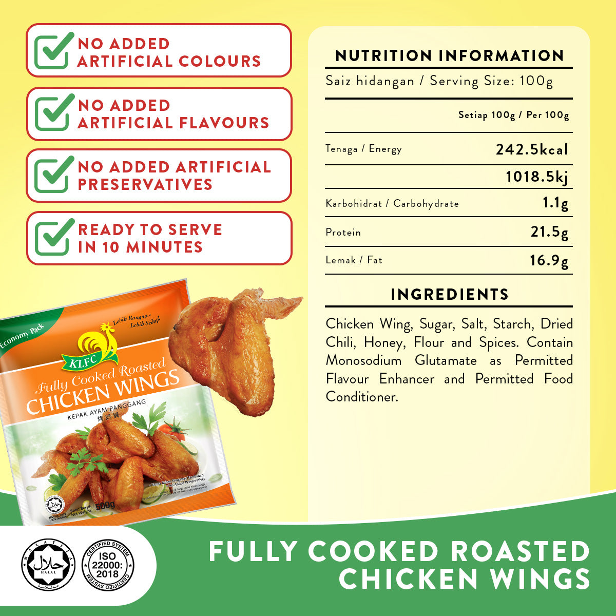 FULLY COOKED ROASTED CHICKEN WINGS 500G
