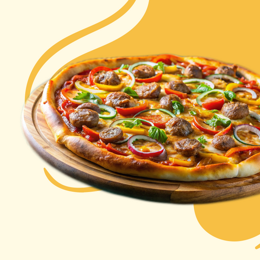 BBQ Chicken Meatball Pizza with Red Onions and Bell Peppers