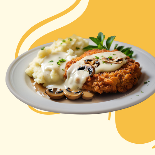 Chicken Schnitzel with Mashed Potatoes and Mushroom Sauce